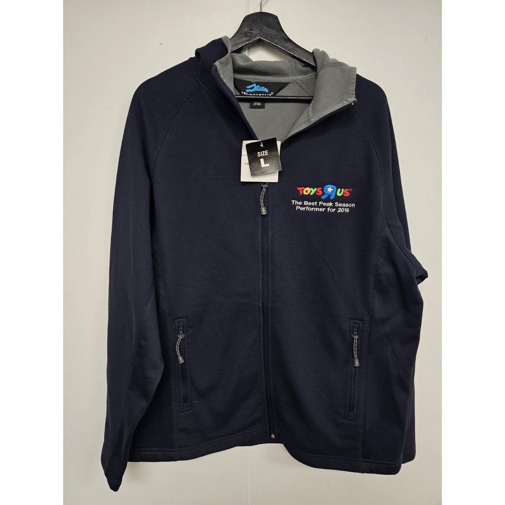 Toys R Us Jacket Mens Large Navy Tri-Mountain Hooded Fleece Lined Full Zip Up